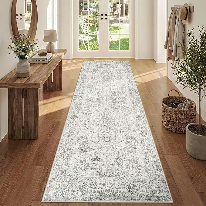 Rugxara 2'6" x 8' Hallway Runner Rug, Non Slip Boho Runner Rugs for Hallway, Kitchen, Entrance, Bathroom, Laundry Room, Soft Ultra-Thin Entryway Carpet, Throw Low Pile Retro Carpet, Grey