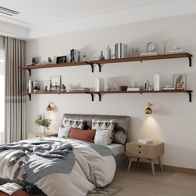 12 Inch Deep Floating Shelves Set of 4, 60 Inch Extra Long Brown Solid Wood Wall Shelves, 5ft Heavy Duty Farmhouse Wall Mounted Shelving for Kitchen, Living Room & Bedroom