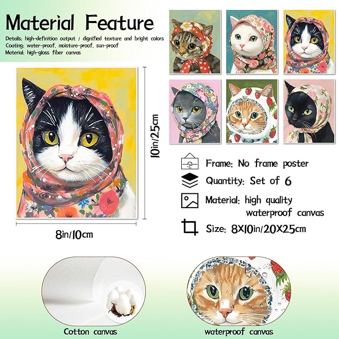Funny Cat Poster Set of 6, Whimsical Babushka Cats Wall Art Eclectic Lover Cat Pictures Decor, Quirky Animal Pictures Canvas Painting Prints Aesthetic for Bedroom Living Room 8x10 inch Unframed
