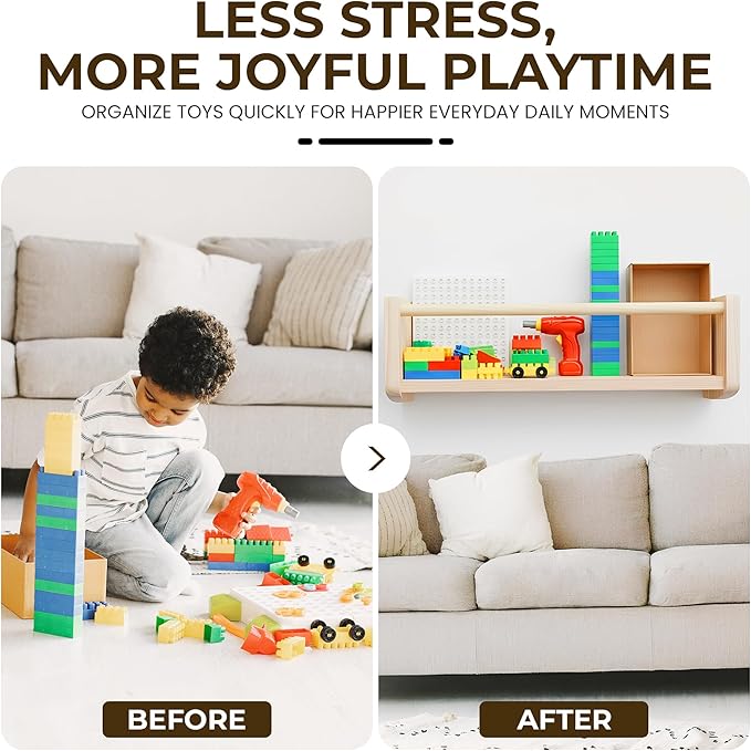 Nursery Bookshelf Set of 2, 16” Nursery Book Shelves Wall Mounted, Wooden Floating Shelves for Nursery Wall, Baby Book Shelf for Nursery, Kids Wall Bookshelf Organizer with Support Rod, Space Saving