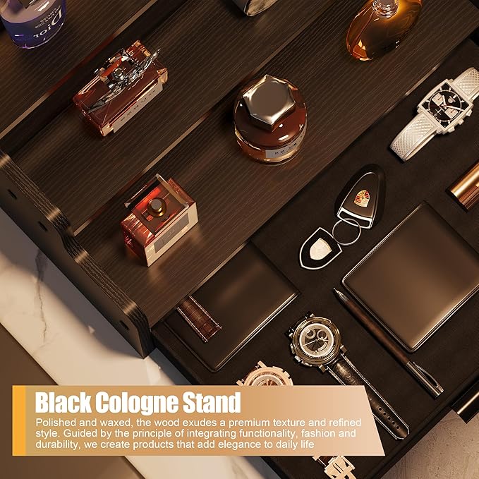 Cologne Stand for Men, 3 Tier Black Wooden Perfume Organizer with Drawer Storage, Perfume Display Shelf for Cologne, Watch, Skincare and Makeup, Perfect Birthday/Christmas Gift for Lovers & Fathers
