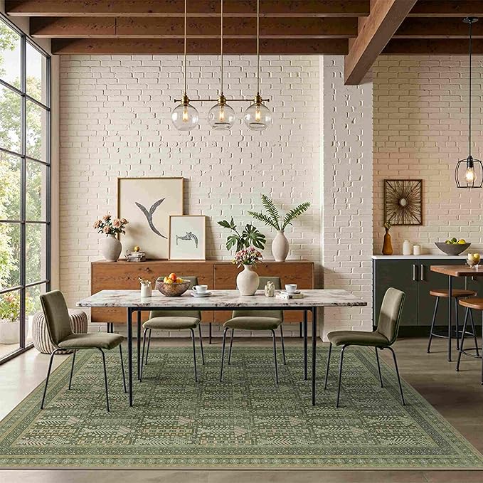 Rugxara 5x7 Washable Area Rugs for Bedroom & Living Room - Floral Boho Vintage Rug,Soft & Non-Slip,Low Pile Wool Carpet for Indoor Dining Room,Girls Room,Nursery Room and Kids Room(Olive Green)