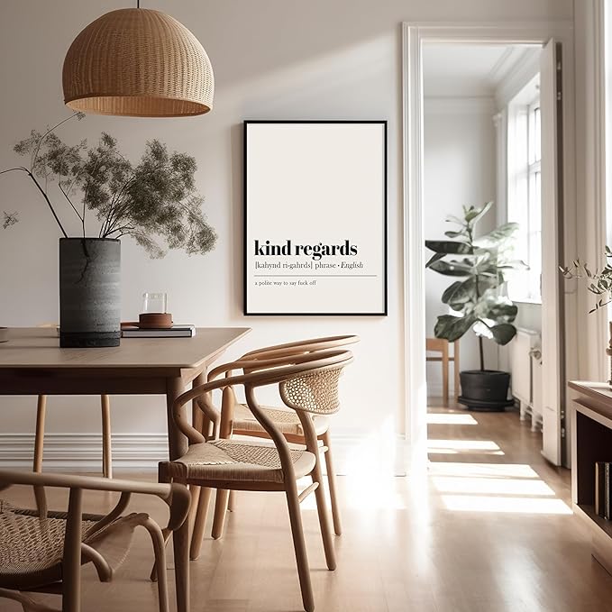 Poster Master Typography Poster - Dictionary Print - Kind Regards Definition, Polite Way to Say Fuck Off, Funny - Gift for Colleague, Friend - Wall Decor for Home, Office, 18x24 Unframed Wall Art