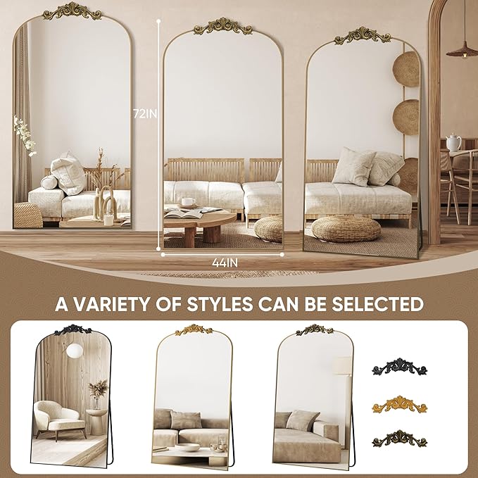 Antok Arched Full Length Mirror, 72"x44" Floor Mirror with Carved, Full Body Mirrors for HomeDecor, Standing/Halling Large Wall Mirror for Bedroom, Living Room, Cloakroom, Bronze, Retro Style