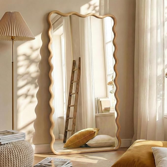 TRAHOME Wavy Mirror for Wall, 55"x28" Boho Wavy Wood Mirror Large Full Length Decorative Mirror with Tempered Glass, Natural Wooden Frame Vanity Mirror for Bedroom, Living Room, Entryway