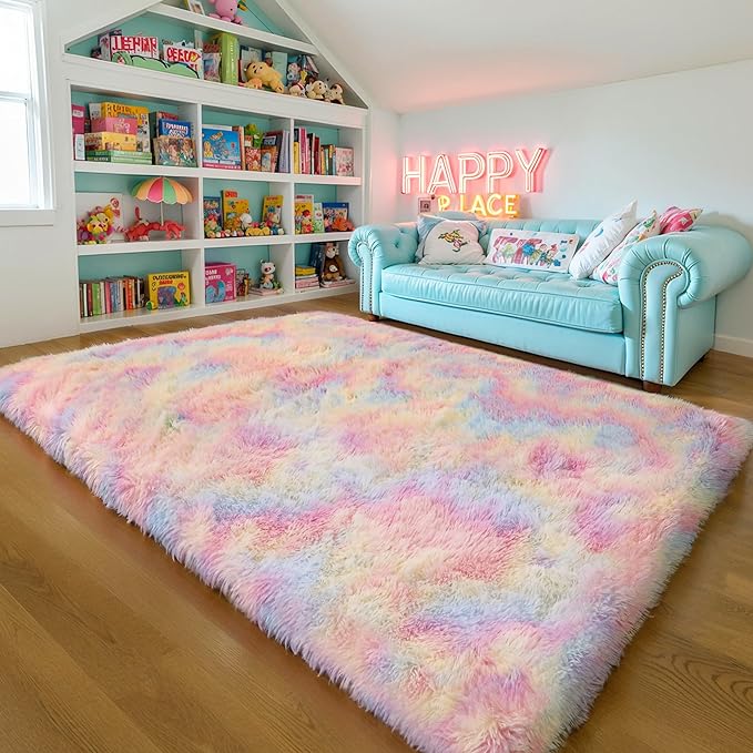 KICHOWUA Thick Area Rug 6x9 Unicorn Fluffy Shag for Girls Bedroom Living Room, Rainbow Soft Plush Fuzzy Washable Thickened Non-Slip Shaggy Pastel Large Carpet for Princess Kids Nursery Boys Dorm Room
