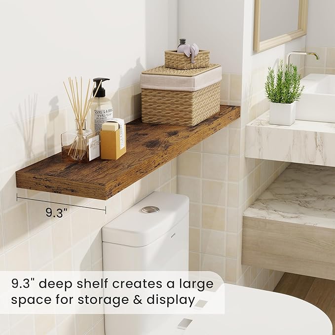 Fun Memories 40 Inch Brown Floating Shelves, 9.3 Inch Deep Wall Shelves for Living Room|Bedroom|Kitchen, Rusitc Wall Mounted Bathroom Shelves 2 Pack, Heavy-Duty Deep Shelf for Books，Decor