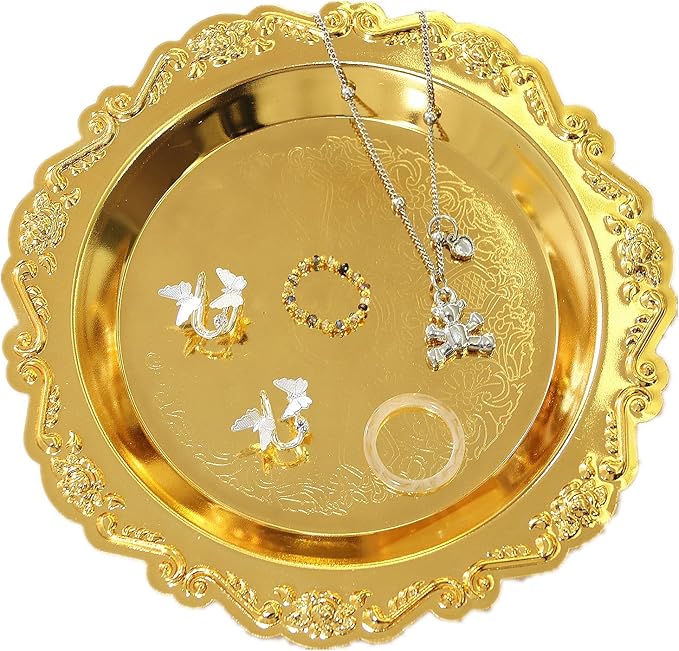 Round Storage Tray Necklace tray Jewelry Holder Organizer Dessert Plate Fruit DishRing Dish Organizer Holder Home Decor Wedding Gift for Perfume Candle Holiday Party(Golden/Silver) (Golden, Small)