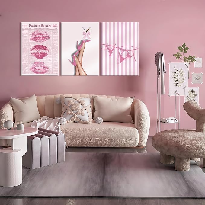 3Pcs Trendy Coquette Wall Art Pink Lips Bikini & Bow Heels Wall Decor Pictures Vintage Martini Newspapaer Canvas Posters Prints for Y2K Girly Room Dorm Apartment Preppy Aesthetic Decor 12x16in