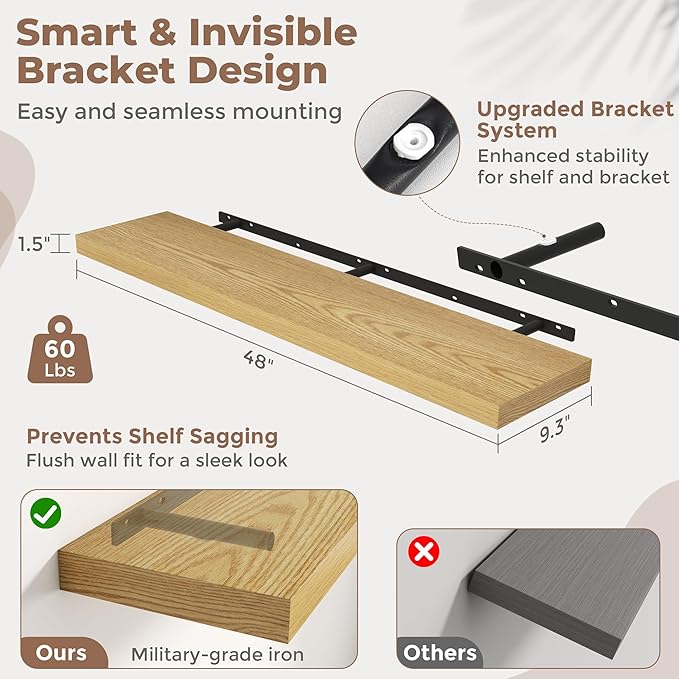 48 Inch Floating Shelves for Wall with Invisible Brackets Set of 2, 9"D Engineered Wood Wall Shelves with Wood Grain for Living Room, Bedroom, Bathroom, Kitchen Decor and Storage, Oak Finish