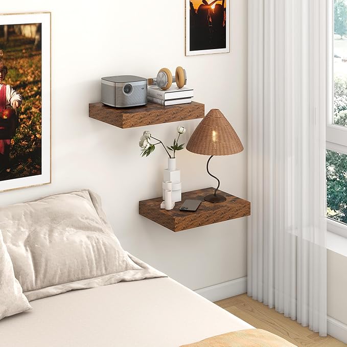 FLYJOE 12 Inch Deep Floating Shelves | 16 Inch Brown Floating Shelves Set of 2 | 16W x 12D Rustic Shelves for Wall | Deep Wood Shelves for Living Room Bathroom Kitchen Bedroom