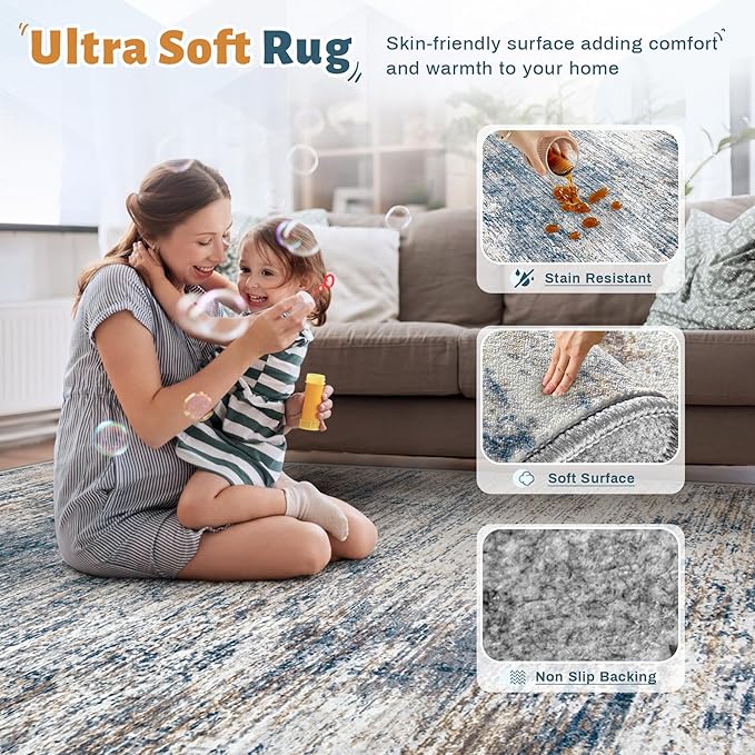 XLUEZ 6x9 Area Rugs for Living Room, Washable Modern Abstract Large Area Rug Neutral Soft Non Slip Kids Rug Stain Resistant Indoor Carpet for Bedroom Nursery Dining Room Playroom(BlueWhite, 6'x9')