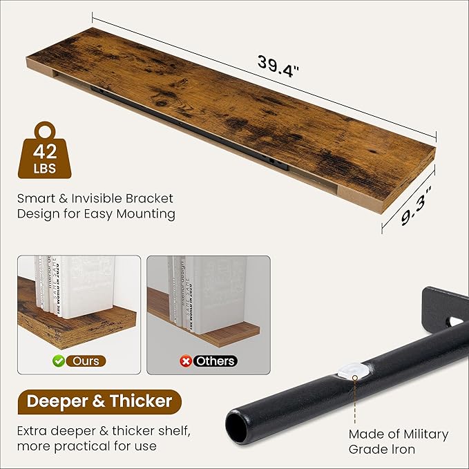 Fun Memories 40 Inch Brown Floating Shelves, 9.3 Inch Deep Wall Shelves for Living Room|Bedroom|Kitchen, Rusitc Wall Mounted Bathroom Shelves 2 Pack, Heavy-Duty Deep Shelf for Books，Decor