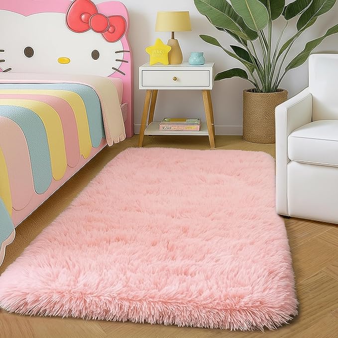 Amdrebio Pink 2x3 Mini Area Rugs for Girls Bedroom, Small Cute Fluffy Shaggy Soft Rug for Kids Room Decor, Shag Fuzzy Throw Floor Carpet for Door Entryway Reading Corner Baby Nursery Preppy Dorm