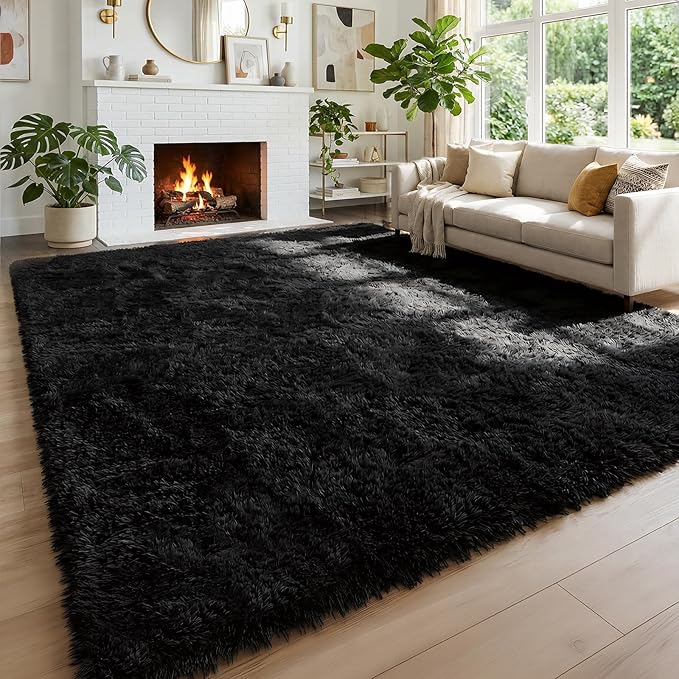 Amdrebio Black Fluffy Large Living Room Rugs,6x9 Rug,Furry Area Rug for Bedroom,Shag Rug for Kids Room,Plush Big Carpet for Living Room,Soft Shaggy Rug for Playroom,Modern Cool Rug for Men Boys