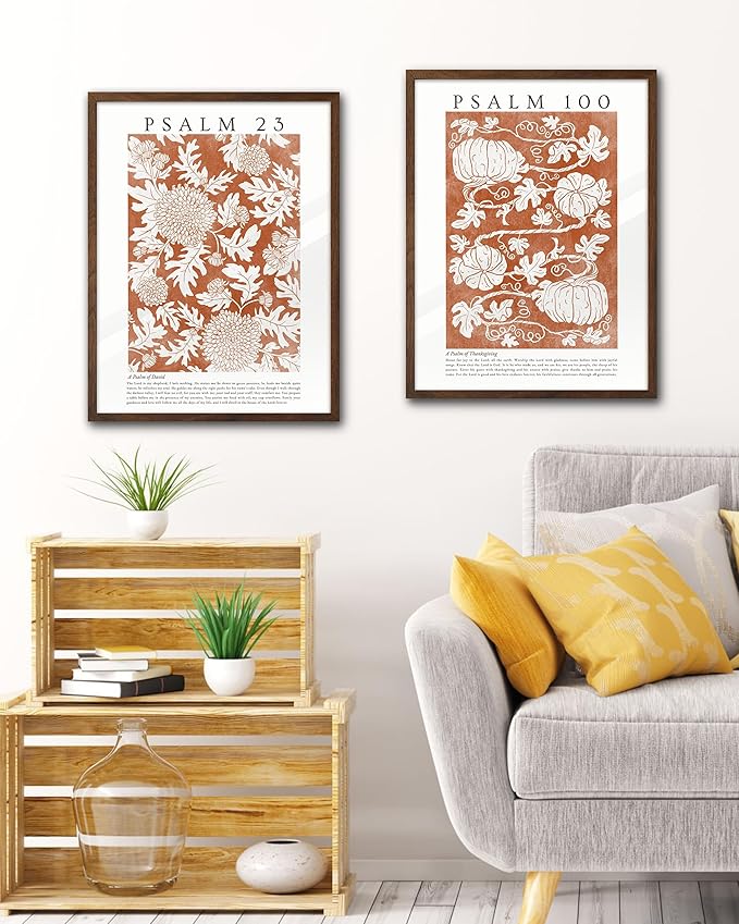 EcoHest Fall Botanical Pumpkins Framed Wall Art, 12x16 in Walnut Color OAK Wood Christian Psalm 100 Canvas Wall Art, Beige Logs A Psalm of Thanksgiving Home Decor Set of 1 for Bedroom Living Room