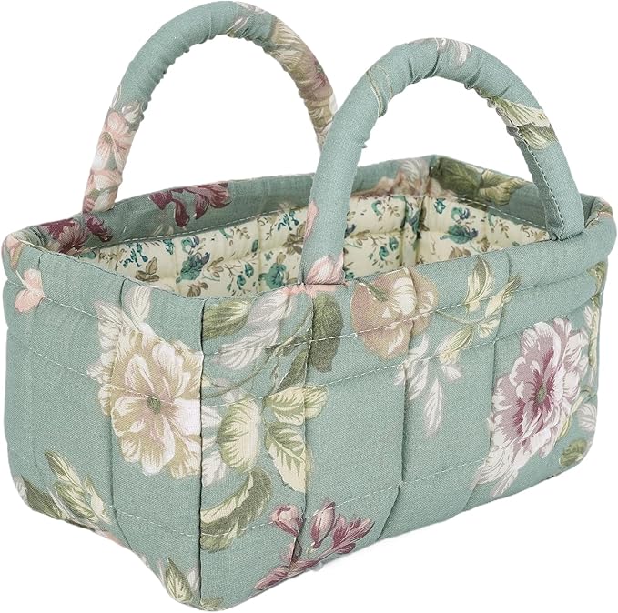 Mini Storage Basket, Small Quilted Boho Fabric Organizer Bin with Handle, Portable Collapsible Basket for Socks, Keys, Diaper