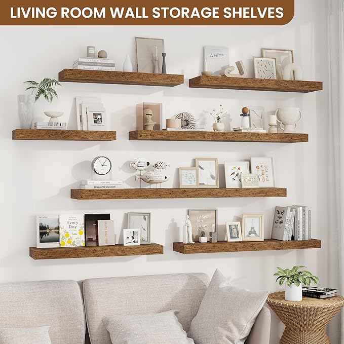 fuqing Floating Shelves for Wall, Wall Mounted Wood Floating Shelf with Invisible Brackets for Living Room, Bathroom, Bedroom, Kitchen Storage and Decor, 20 Inch Set of 2, Rustic Brown