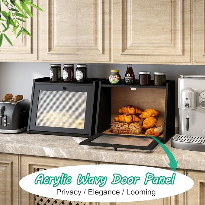 kiplant Large Bread Box for Kitchen Counter, Black Bamboo Bread Storage Container with Wavy Arcylic Transparent Door, Bamboo Wooden Farmhouse Bread Box for Your House
