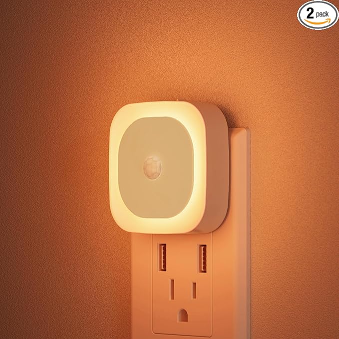 YUNLEX 2 Pack Plug in Night Light with Motion Sensor & Dusk to Dawn Sensor, 3 Sensor Modes, Dimmable Night Lights Plug into Wall, Amber Nightlight for Sleep, Bathroom, Bedroom, Indoors, Kids