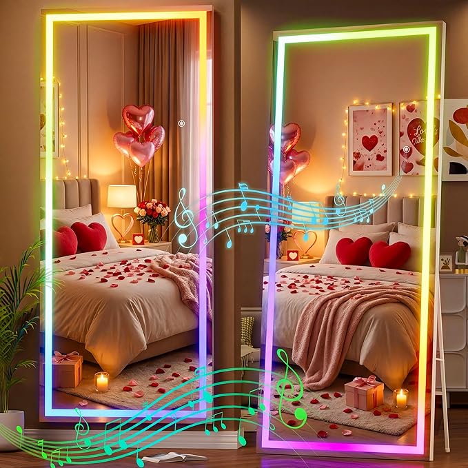 Hasipu 75"x28" LED RGB Bluetooth Full Length Mirror with Lights, Full Body Mirror with Stand, Wall Mount & Free Standing Floor Mirror for Bedroom Living Room Cloakroom, 7 Color & Brightness Adjustable