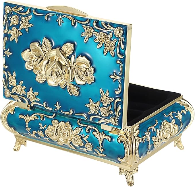 Hipiwe Metal Decorative Jewelry Box Vintage Treasure Chest Case Ornate Trinket Organizer Earrings Necklace Bracelet Storage Box Ring Holder Keepsake Box for Women