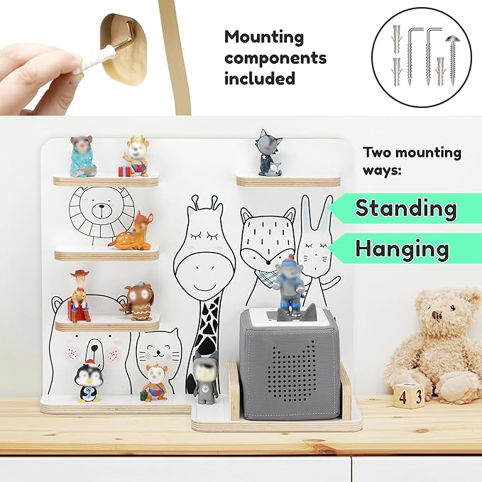 stadtecken Wooden Shelf for Music Box I Suitable for The Toniebox and ca. 35 Tonies I Perfect Storage in The Children's Room I for Setting up or Hanging (Medium, Friends)