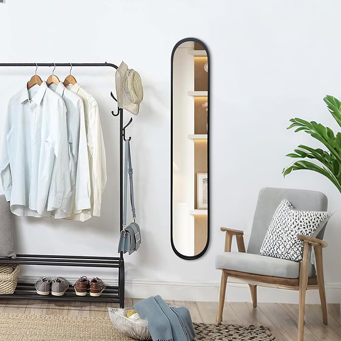 OUSHUAI Black Full Length Oval Mirror, 1-Pack Narrow Capsule Long Mirrors with Metal Frame for Entryway,Hallway,Living Room