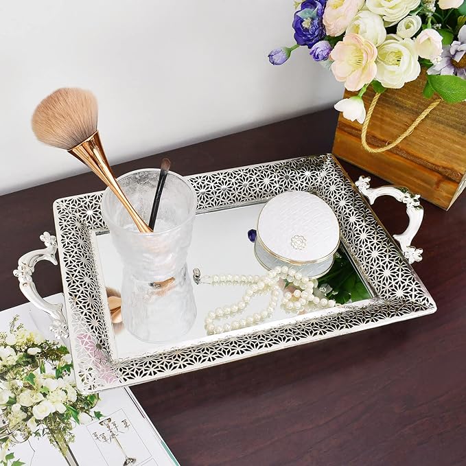 Decorative Mirrored Tray Home Decor Vanity Tray for Dresser Make Up Jewelry Organizer Silver Perfume Tray Rectangle Decorative Serving Glass Mirror