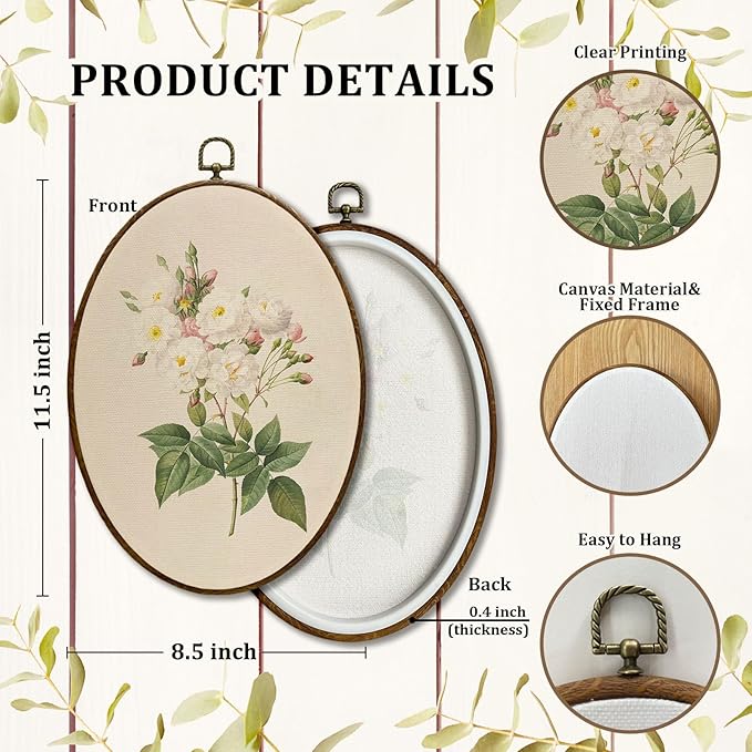 JQF Noisette Rose Floral Oval Wall Decor, Cottagecore Antique Floral Oval Canvas Wall Art, Neutral Botanical Antique Flower Framed Prints Hanging Decor for Home Bedroom Living Room, 8.5x11.5 Inch