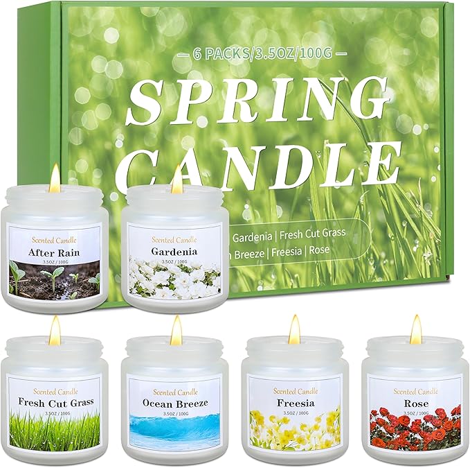 Spring Candle Set, 6 Pack Floral Scented Candles, 21 oz Soy Candles for Home Scented, Spring Gifts for Women & Men, Freesia/Rose/After Rain/Gardenia/Fresh Cut Grass/Ocean Breeze