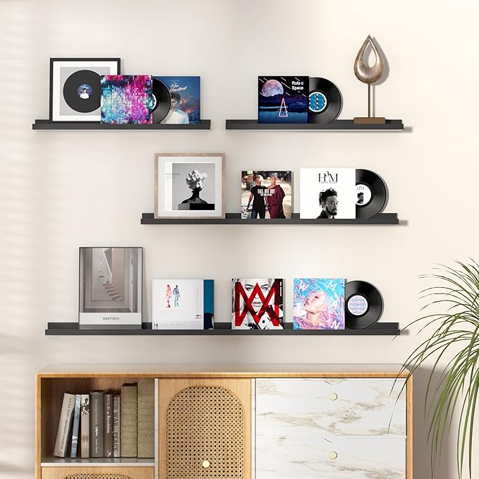 Fun Memories Picture Ledge Shelf, 32 Inch Floating Shelves Set of 2, Large Nursery Book Shelves for Toys Storage, Kids Bookshelf Wall Mounted for Wall Decor Books Photo Frames, Black