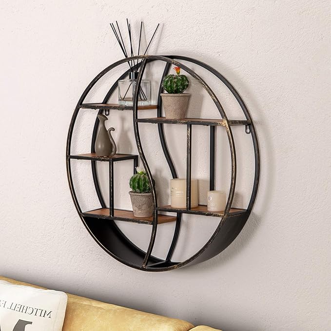 Round Wall Shelf,24 inch Metal Circle Shelf Wood Floating Shelves,Rustic Retro Wall Mounted Display Organizer Shelf for Fireplace,Living Room,Bathroom