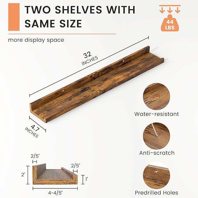 FLYJOE Picture Ledge Shelf, Floating Shelves Set of 2, 32 Inches Nursery Book Shelves for Toys Storage, Kids Bookshelf Wall Mounted for Living Room Bedroom Decor Books Photo Frames, Rustic Brown