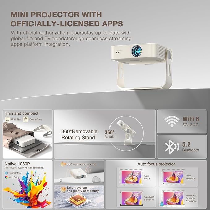 [Officially-Licensed App & Auto Focus]White Smart Mini Projector with WiFi and Bluetooth, XuanPad 4K Support Movie Projector, Portable Native 1080P Outdoor Projector with 360° Stand