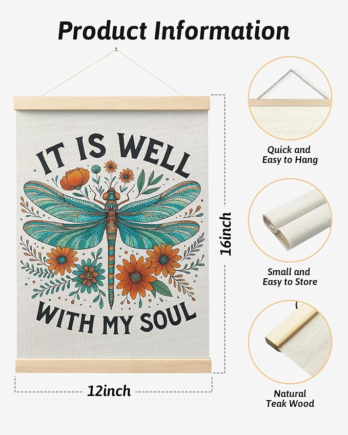 FGFK Floral Dragonfly Christian Wall Art Poster Hanger Frame, It Is Well with My Soul Bible Verse Religious Canvas Prints Framed Wall Decor for Home Bedroom Office Church, 12x16 Inch