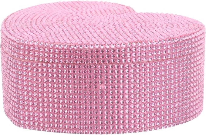 HANABASS Heart-shaped Jewelry Box Double Layer with Mirror Rhinestone Pink Plastic Earring Storage Organizer for Makeup and Hair Accessories