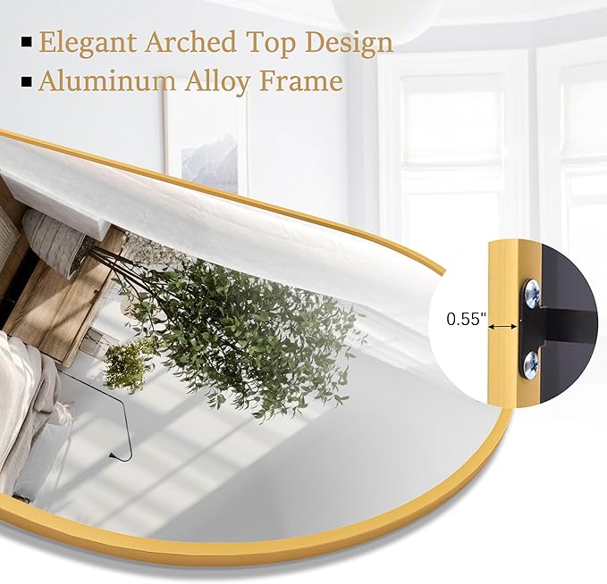 Rowjut Full Length Mirror Arched Floor Length Mirrors, 71"x26" Large Full Body & with Stand&Arch Wall Mounted &Standing Mirror for Bedroom Living Room, Aluminum Frame, Gold