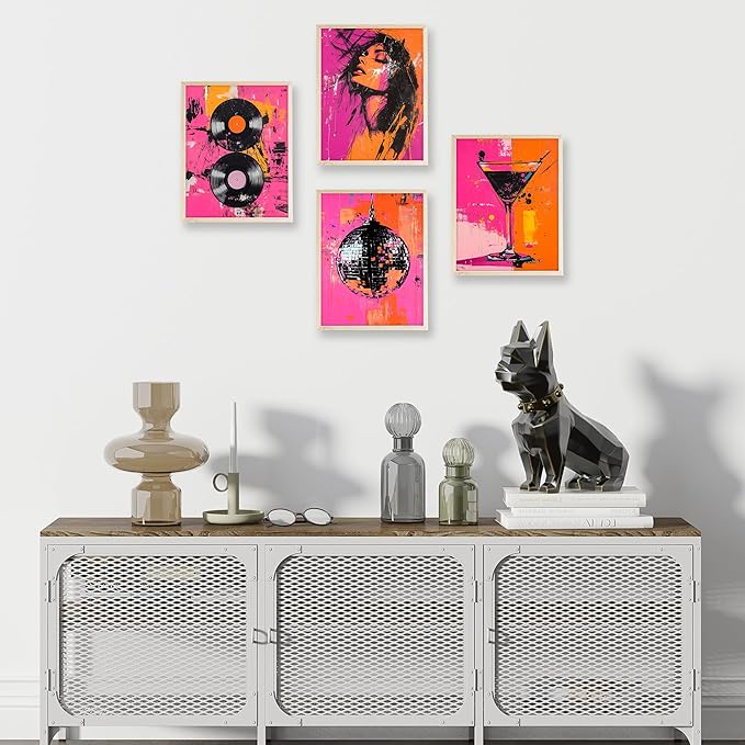 Eastern Print Disco Abstract Wall Art Set of 4, Retro Vinyl Record & Disco Ball Posters, Pink and Orange Wall Decor for Home and Kitchen, Record Wall Art, Abstract Poster, 8x10 Unframed