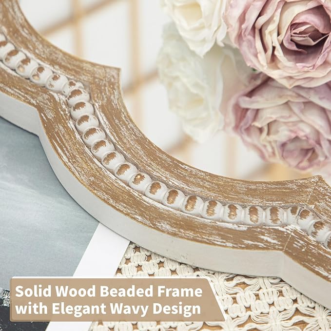 30 Inch Round Wall Mirror, Antique Brown Solid Wood Frame with Wavy Scalloped Edge & Beaded Trim, Vintage Farmhouse Decorative Mirror for Bedroom, Bathroom, Living Room, Entryway