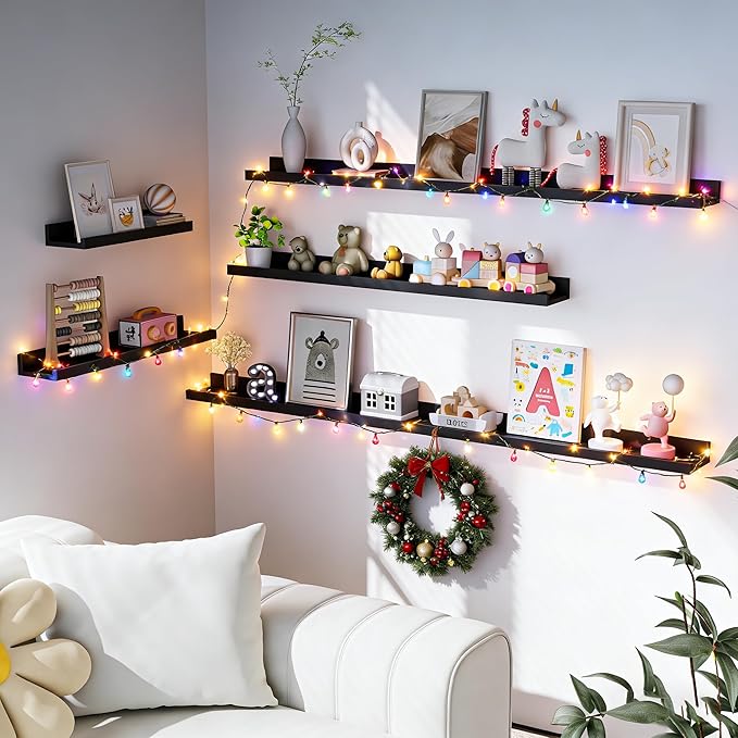 Heimlove Picture Ledge Shelf, Floating Shelves Set of 2, 36 Inches Picture Shelf for Wall with Ledge, Kids Bookshelf Wall Mounted for Living Room Bedroom Decor Books Photo Frames - Black