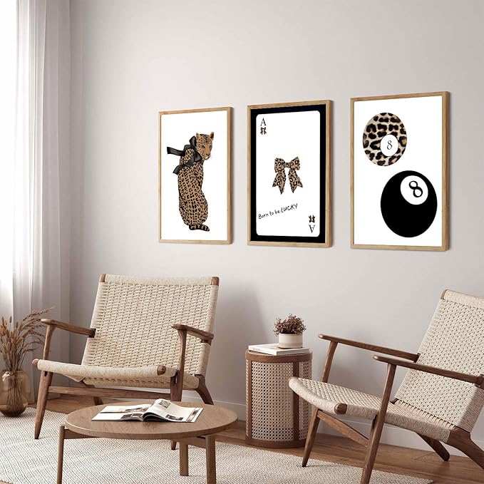 Set of 3 Trendy 8 Ball Leopard Wall Art Ace Card Bow Wall Decor Pictures Funky Born To Be Lucky Posters Prints Preppy Aesthetic Cheetah Room Decor for Girls Bedroom Apartment Dorm Unframed 12x16in