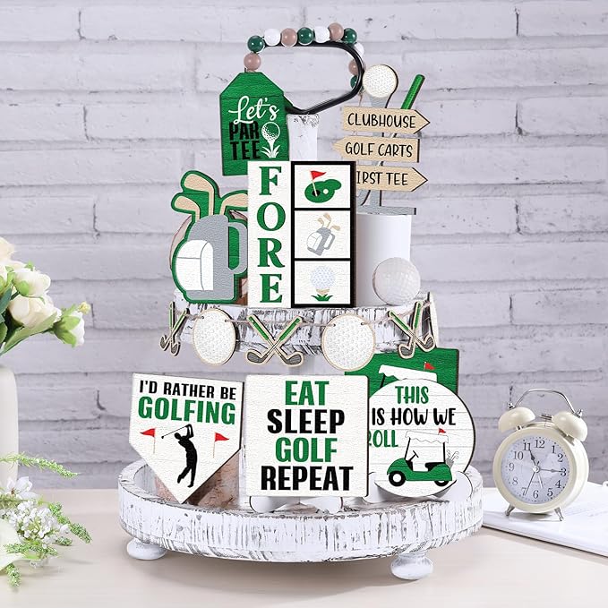 FairySandy 13 Pcs Golf Tiered Tray Decoration Wooden Golf Table Centerpieces Decor Rustic Wooden Sport Game Sign for Fans Ball Theme Party Supplies