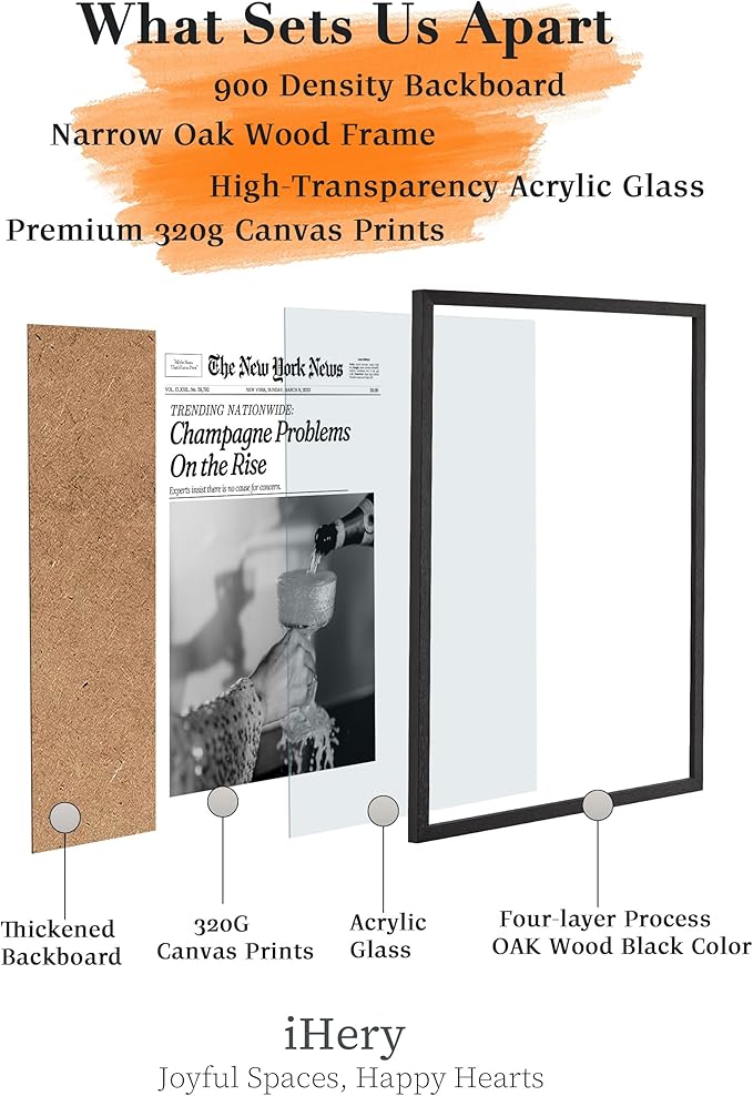 iHery Premium Natural Black OAK Wood 16x20in Champagne Problems On the Rise Newspaper Trendy Framed Wall Art, Vintage Funny Canvas Wall Decor For Girly Dorm Bedroom Living Room 1Pack