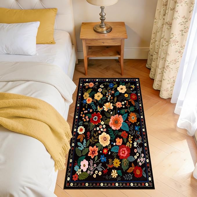 RELEANY Floral Nursery 2x4 Area Rugs Washable Print Boho Cute Carpet Non Slip Flower Low Pile for Living Room Kids Girls Playroom Bedroom Kitchen Office Farmhouse-Black