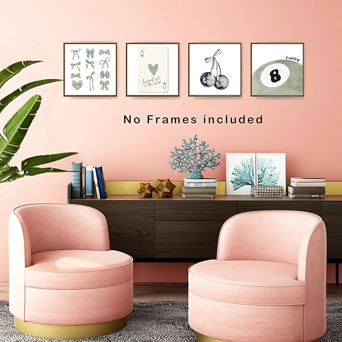 okaxscm Sage Green Coquette Trendy Preppy Wall Art Prints Set of 4, Coquette Preppy Room Decor Aesthetic, Green Bow Disco 8 Ball Cherry Wall Decor Posters for Girls Bedroom Dorm,10x10 Unframed