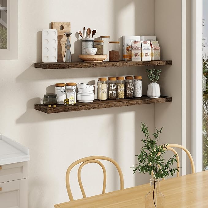 55 Inch Long Floating Shelves for Wall Set of 2, 55x9.3 Large Floating Shelf for Bedroom, Kitchen, Bathroom, Wall Mounted Rustic Wood Shelves with Invisible Bracket for Books, Decor, Rustic Brown