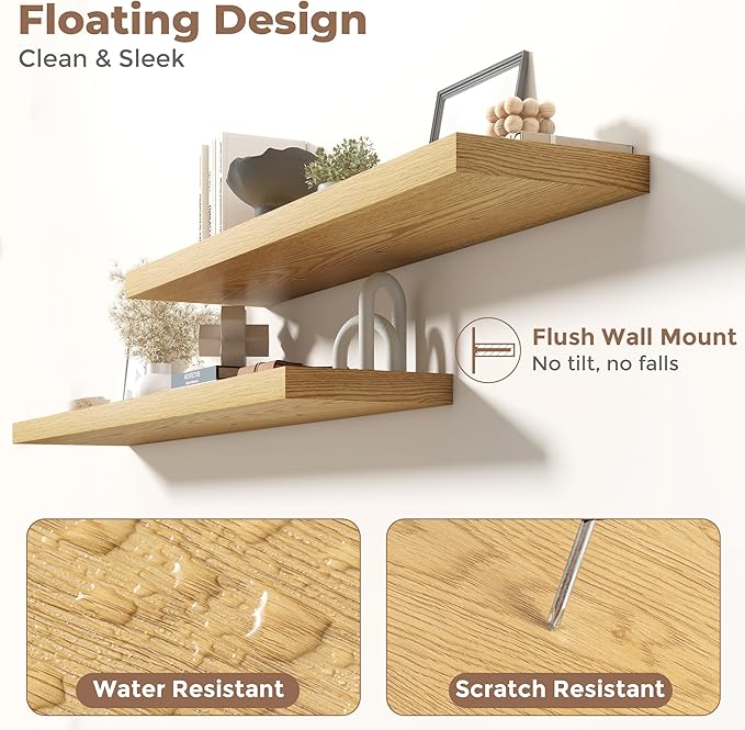 48 Inch Floating Shelves for Wall with Invisible Brackets Set of 2, 9"D Engineered Wood Wall Shelves with Wood Grain for Living Room, Bedroom, Bathroom, Kitchen Decor and Storage, Oak Finish