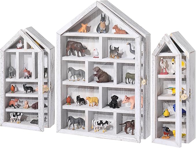 DoubleFill Set of 3 Wooden Trinket Display Shelf Shadow Box with Shelves 10 x 15 Inch Large Wall Mounted Display Storage Mini Figures Curio Trinket Medals Crafts Collections(Antique White,House Shape)
