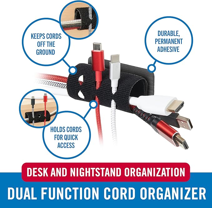 VELCRO Brand Cord Organizer for Desk Cable Management, Nightstand Organization, Unique Dual Function Cable Sleeve Cord Keepers Combo, Holds Wires for Easy Access, Route to Hide, Small 2pk Black
